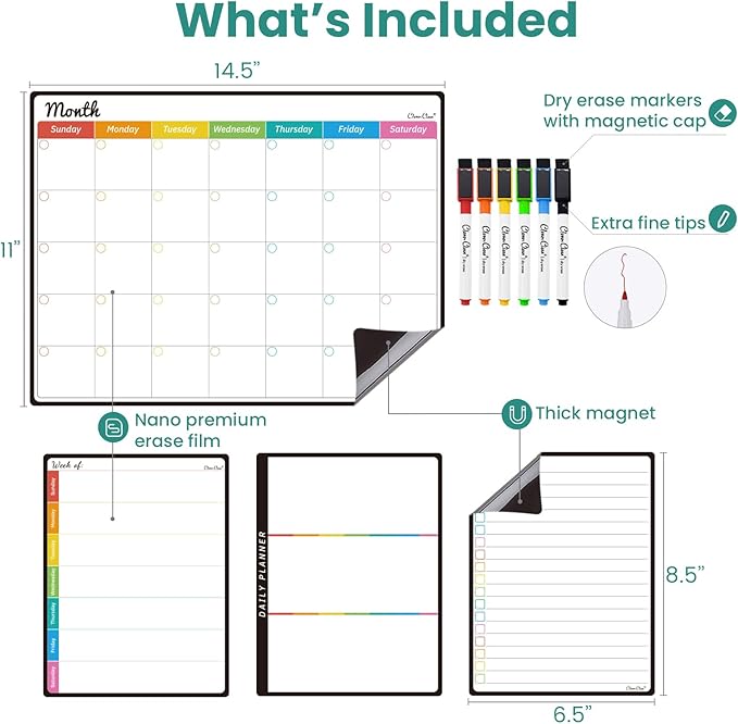 Magnetic Dry Erase Monthly Calendar Set - 14.5"x11" Monthly Calendar, 6.5"x8.5" Weekly, Daily, List Boards for Fridge - 6 Extra Fine Point Markers Included - Shipped Flat