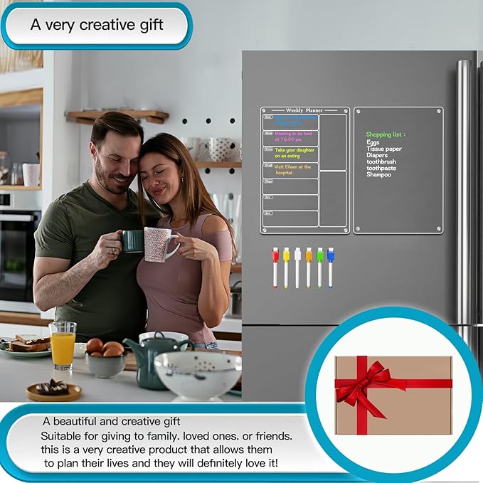 2PCS 9"X13" Acrylic Weekly Planner for Fridge,Acrylic Magnetic Menu Board for Kitchen,Magnet Weekly Calendar for Fridge,Clear Meal Planner for Refrigerator with 6 Markers