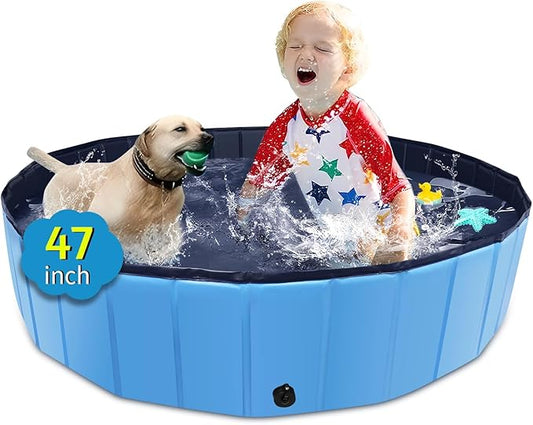 Foldable Dog Pool, 47" x 12" Kiddie Pool with Hard Plastic, Non-Slip Dog Bath Tub for Outdoor Backyard, Collapsible Dog Swimming Pool for Kids Dogs Pets (Blue)
