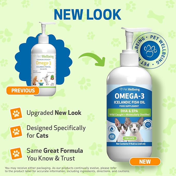 Pet Wellbeing Omega-3 Icelandic Fish Oil for Cats - Wild-Caught, Cold-Water Fish, Healthy Skin and Coat, Joint Health and Mobility, Fatty Acids, Anchovies, Sardines - EPA, DHA - 8 fl oz (236 ml)