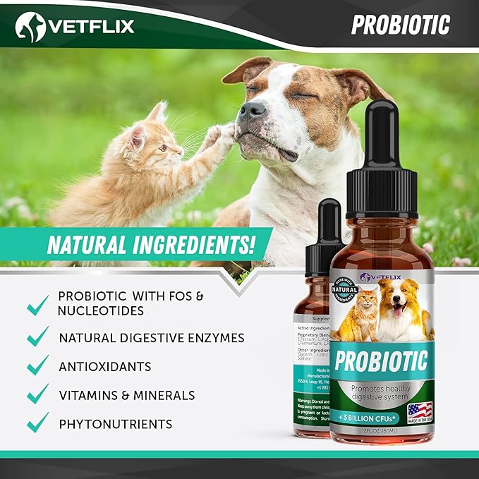 Premium Probiotics for Dogs, Cats - Digestive Enzymes & Prebiotics Supplement - Helps to Relieve Diarrhea, Vomiting, Upset Stomach, Gas, Constipation & Bad Breath - Supports Digestive System - 2 Fl Oz