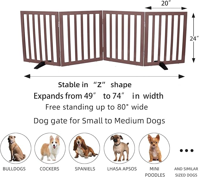 ZJSF Freestanding Indoor Dog Gate for House Foldable Wood Puppy Gate for Doorways Pet Gate for Stairs Extra Wide Pet Fence, Brown, 24" Height 4 Panels