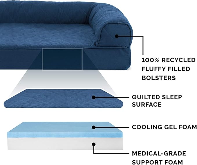 Furhaven Cooling Gel Dog Bed for Large Dogs w/ Removable Bolsters & Washable Cover, For Dogs Up to 125 lbs - Quilted Sofa - Navy (Blue), Jumbo Plus/XXL