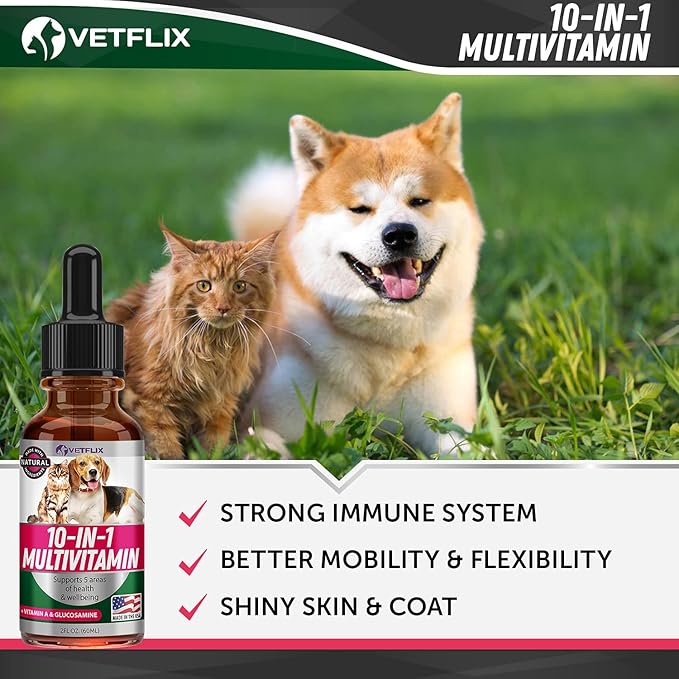 Pet Vitamins 10 in 1 - Made in USA - Glucosamine for Dogs & Cats - Dog Supplement for Pet Joint Health - Natural Cat, Dog Multivitamin - All Ages & Breeds - Folic Acid for Cats & Dogs Immune - 2 Fl Oz