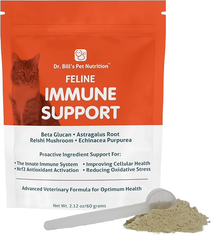 Dr. Bill’s Feline Immune Support | Boosts Cat Immunity and Health with Colostrum, Beta Glucan, Turkey Tail Mushroom, Zinc & Vitamin C | Powder Supplement for Cats of All Ages