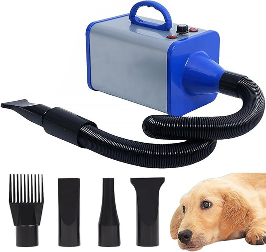 2400w 75m/s Dog Dryer for Pet Grooming, High Velocity Pet Hair Dryer with Heater, Adjustable Speed, 4 Nozzles and a Comb, Blue