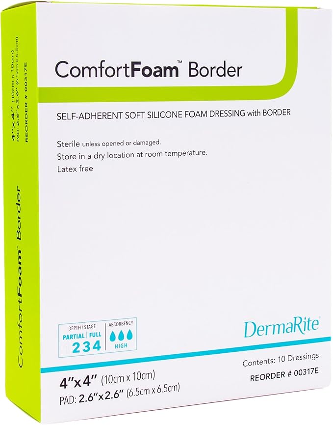 DermaRite's ComfortFoam Border, Foam Wound Dressing - Flexible and Soft Silicone, Self Adhesive, No Natural Rubber Latex - 4 in. x 4 in., 1 Count, 10 Packs, 10 Total