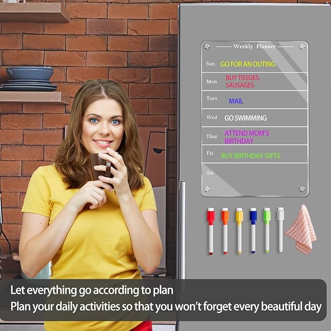 9"x13" Clear Weekly Meal Planner Magnetic Acrylic Board,Acrylic Magnetic Dry Erase Board for Fridge, Magnet Week Calendar for Refrigerator Includes 6 Colors Markers