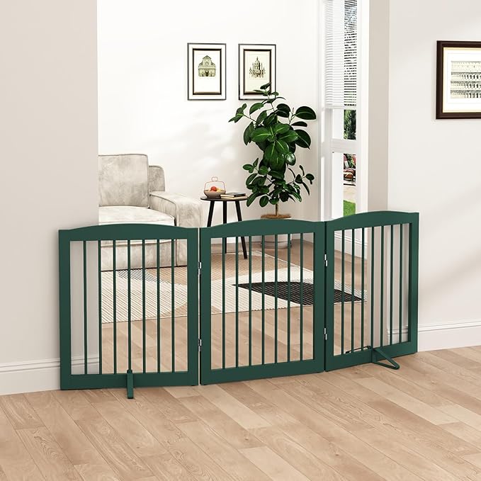 Freestanding Pet Gate for Dogs, Foldable Wooden Dog Gate for House, Indoor Dog Gate for Doorways, Stairs, Step Over Pet Puppy Safety Fence, Support Feet Included,24" Height 3 Panels,Green