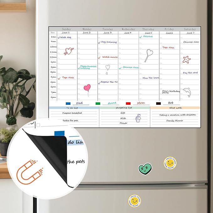 POPRUN Magnetic Weekly Dry Erase Board Calendar for Fridge, 16.9"x11"Schedule Board, Weekly Planner Whiteboard Calendar with Hourly Time Slots To Do List Perfect as Planner Board for School and Family