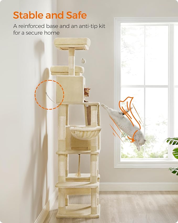 Feandrea Cat Tree, 81.1-Inch Large Cat Tower with 13 Scratching Posts, 2 Perches, 2 Caves, Basket, Hammock, Pompoms, Multi-Level Plush Cat Condo for Indoor Cats, Beige UPCT190M01