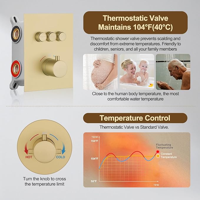 12 Inch Rain Shower System, Brushed Gold Shower Faucet Set with Push Button Diverter, 6 Inch Wall Mounted 3-Functions Bathroom Shower Systems with Dual-Function Handheld (Thermostatic, Gold Brushed)