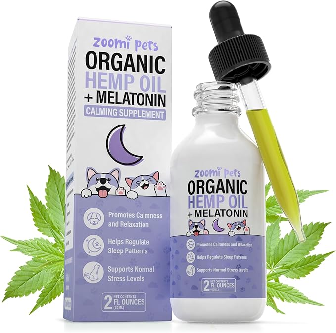 Melatonin + Organic Calming Hemp Oil for Dogs Anxiety and Stress Relief - Calming Drops Pet Hemp Oil for Dogs & Cats - Hip and Joint Support Supplement for Dogs Pain Management (2oz)