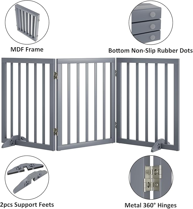 Freestanding Wooden Dog Gate - 24 Inch Tall, Support Feet, Step Over, Indoor