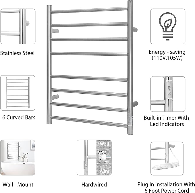 KEG Towel Warmer Wall Mounted with Built-in Timer 8 Bars Electric Stainless Steel Heated Towel Racks for Bathroom, Hot TW-8-PC Towel Warmer 8 bars polish chrome