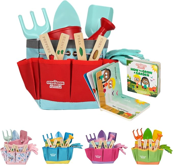 Matching Board Book - Red Kids Gardening Tools Set Includes Sturdy Tote Bag, Watering Can, Shovel, Rake, and Trowel - Garden Storybook - Kids Garden Tools- Easter Gifts for Toddler Age on up.
