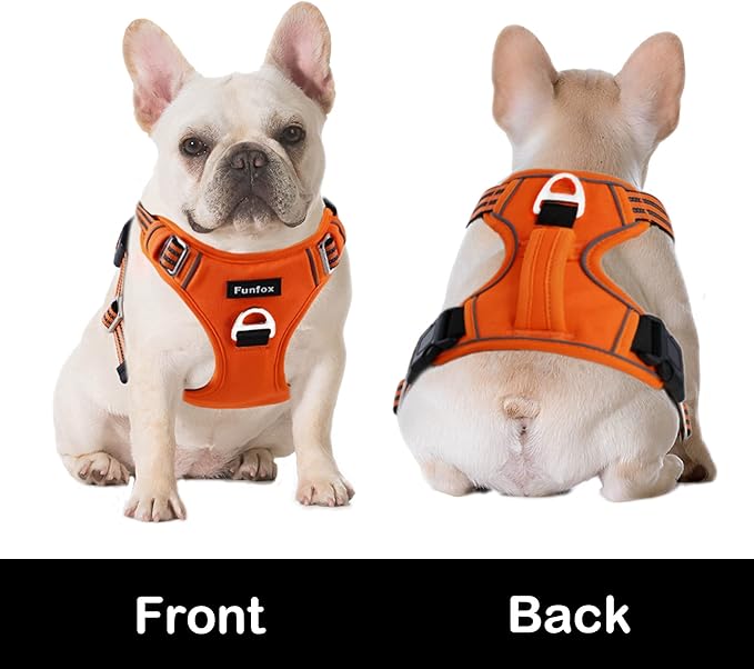 Funfox Dog Harness No Pull, Adjustable Pet Vest Harness, Super Soft Material with Vertical Handle Easy Control, Reflective Night Walking, 2 Leash Clips for XLarge Dogs, Orange, XL