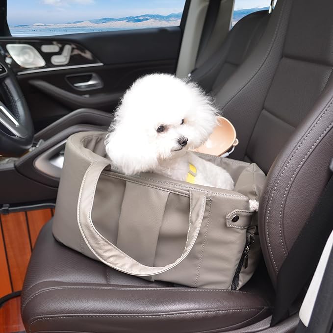 2 and 1 Center Console Dog Car Seat & Carrier for Small Dogs, Large Leather Dog Car Bed with Storage Pocket, Waterproof PVC Leather Seat Travel Bed for Front & Back Seat, Clip-On Safety Leash