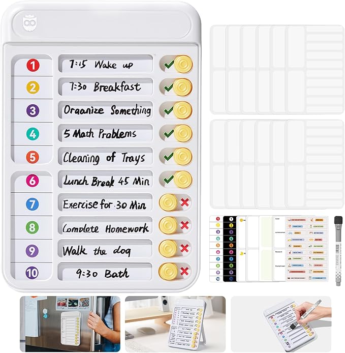 Magnetic Chore Chart for Kids, ADHD Tools for Kids to Do List Checklist Task Board Routine Chart Visual Schedule for Fridge with 10 Sliders and Magnetic Marker - White