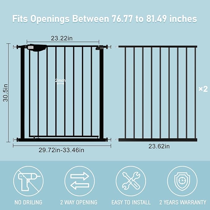 WAOWAO Triple Lock Baby Gate Extra Wide 76.77-81.49" Pressure Mounted Walk Through Swing Auto Close Safety Black Metal Dog Pet Puppy Cat for Stairs,Doorways,Kitchen