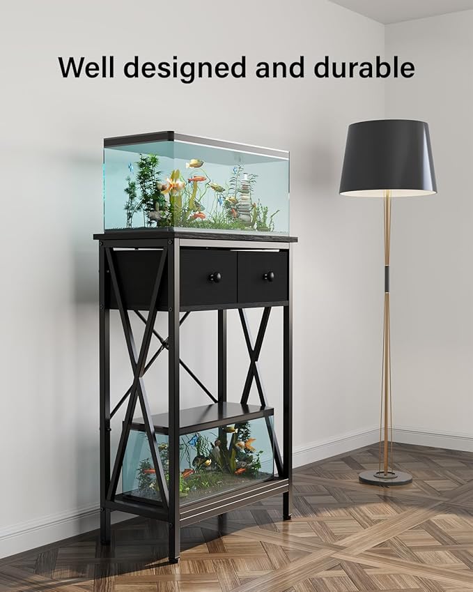 Fish Tank Stand for 5-10 Gallon Fish Tank: Aquarium Stand with Power Outlet - Metal 10 Gallon Tank Stand with Cabinet Drawer Storage for Turtle Tank, Reptile Terrarium (Black, 220LBS Capacity)