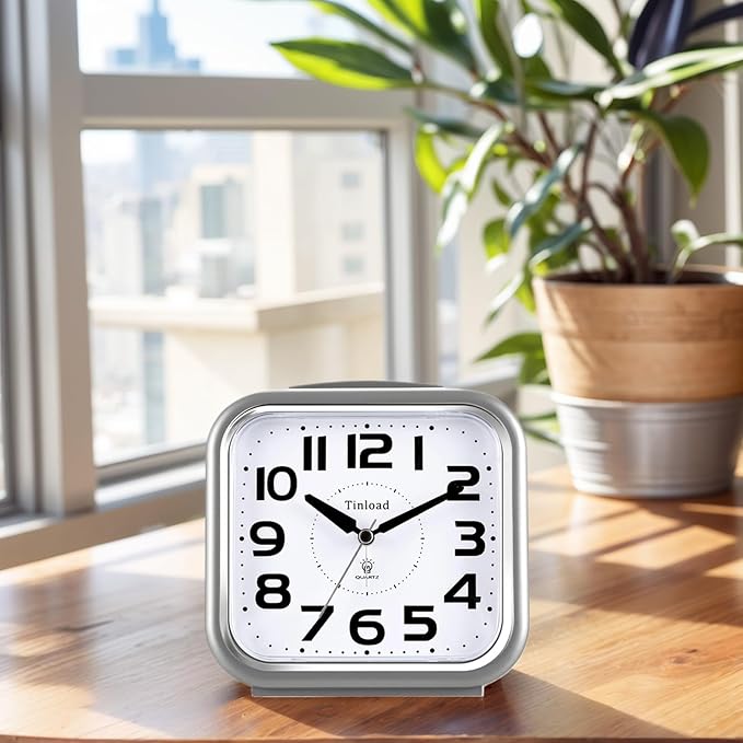 5.5" Large Analog Alarm Clock Silent Non Ticking, Gentle Wake, Beep Sounds, Increasing Volume, Battery Operated Snooze and Manual Light, Easy Set