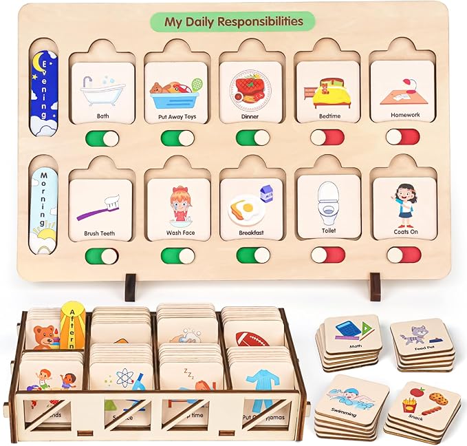 Dreamon Wooden Visual Schedule for Kids Chore Chart, Morning Bedtime Routine Charts for Kids Toddlers, autism learning materials&Daily Schedule Board for home