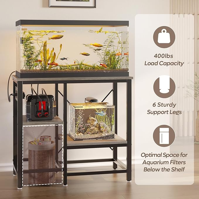 20-29 Gallon Fish Tank Stand with Power Outlets, 30.7 x 13.8 Metal Aquarium Stand with 3-Tiers Adjustable Storage Shelves, 6-Legs Reptile Terrarium Stand, 400 LBs