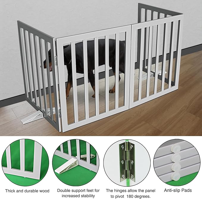 ZJSF Freestanding Indoor Dog Gate for House Foldable Wood Puppy Gate for Doorways Pet Gate for Stairs Extra Wide Pet Fence, Grey, 32" Height 4 Panels