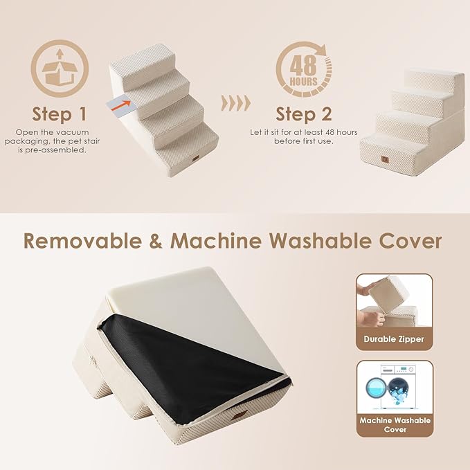 EHEYCIGA Dog Stairs for Bed 18" H, 4-Step Dog Steps for High Bed, Pet Steps for Small Dogs and Cats, Non-Slip Balanced Pet Ramp Indoor, Beige