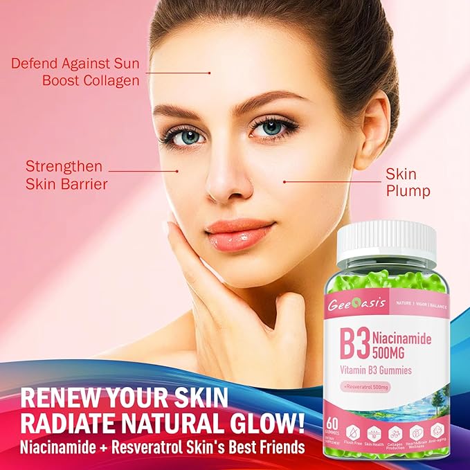 Niacinamide 500mg Gummies, Chewable Vitamin B3 Supplement with Resveratrol 500mg, High Potency Niacin for Antioxidant, Skin & Brain Health, Immune Support, Vegan Apple Flavor, 60 Count