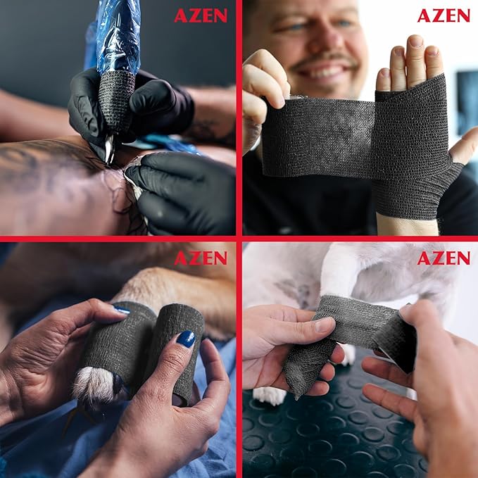 AZEN 8 Pack Self Adhesive Bandage Wrap, 2" X 5 Yards Elastic Cohesive Bandage Wrap, Black Athletic Tape, Vet Wrap, Ankle Tape, Tattoo Grip Tape Wrap