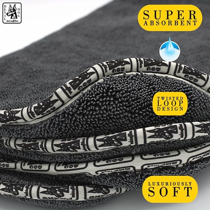 Devil Dog Premium Pet Drying Towel, Ultra-Soft, Highly Absorbent Microfiber Bath Towel for Dogs, Cats, and Other Animals - Gray, Large 24" x 35" 1200GSM 80% 20% Blend