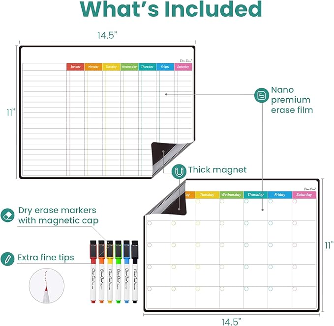 Magnetic Dry Erase Chore Chart, Monthly Calendar Set - 14.5"x11" Monthly Calendar, Chore Board for Fridge - 6 Extra Fine Point Markers Included - Shipped Flat