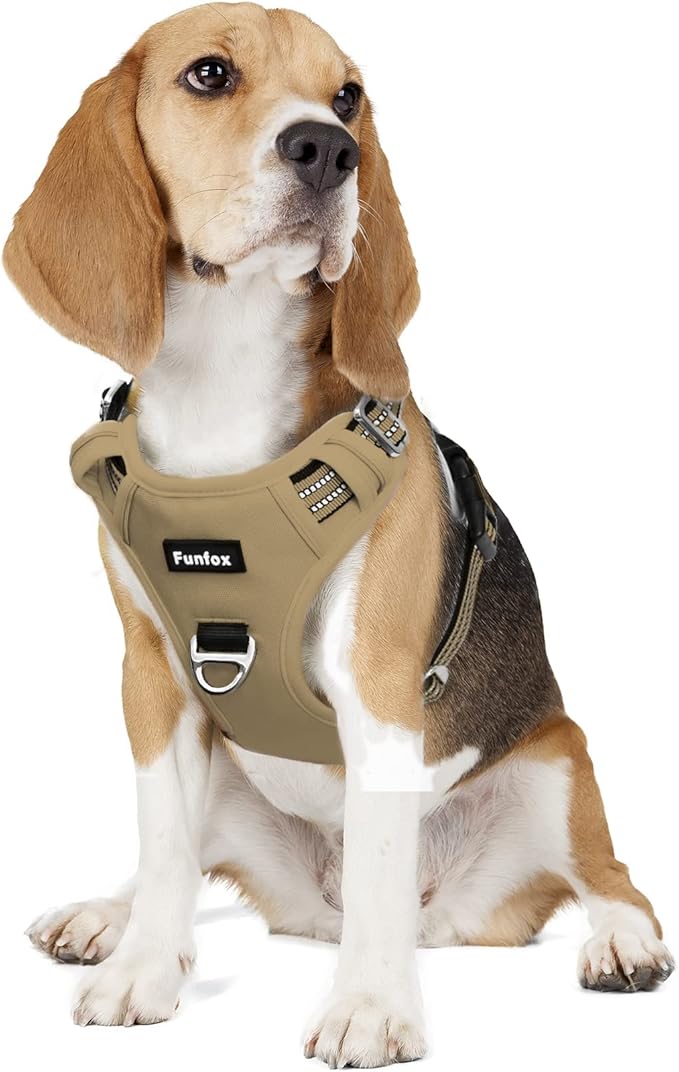 Funfox Dog Harness No Pull, Adjustable Pet Vest Harness, Super Soft Material with Vertical Handle Easy Control, Reflective Night Walking, 2 Leash Clips for Medium Sized Dogs, Brown, M