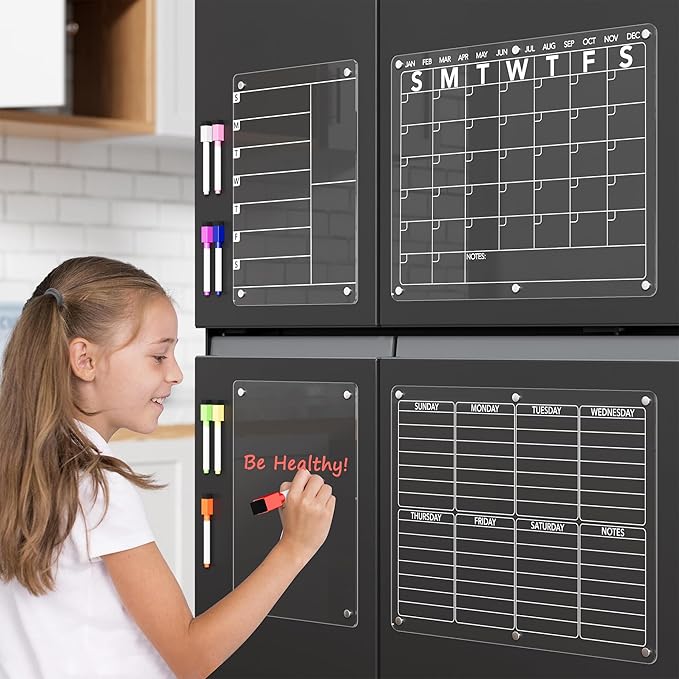4Pcs Acrylic Magnetic Dry Erase Board Calendar for Fridge, Clear Monthly Weekly Daily Meal Menu Planner Whiteboard for Refrigerator, Notepad Memo White Board, w/ 8 Colors Markers, 15"x11"