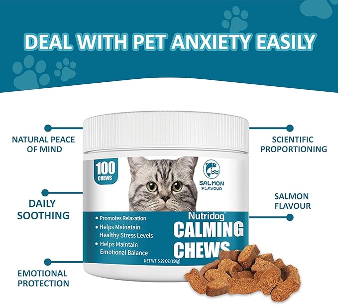 Cat Calming Treats - 100 Count Salmon Chews with Organic Chamomile & Ginger, Stress Relief Supplement for Separation Anxiety, Vet Visits & Thunderstorms (Salmon)