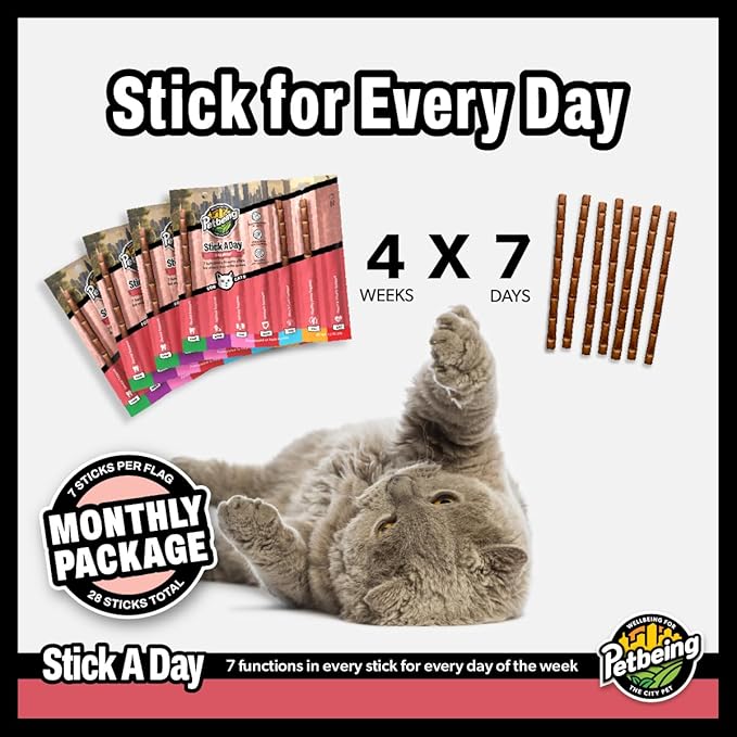 Stick a Day | Specially Formulated 7-in-1 Functions Daily Real Meat Supplement for Cats | Cat Chew Stick & Pet Vitamins Supplements Combination (7-Pack x 4, Salmon)