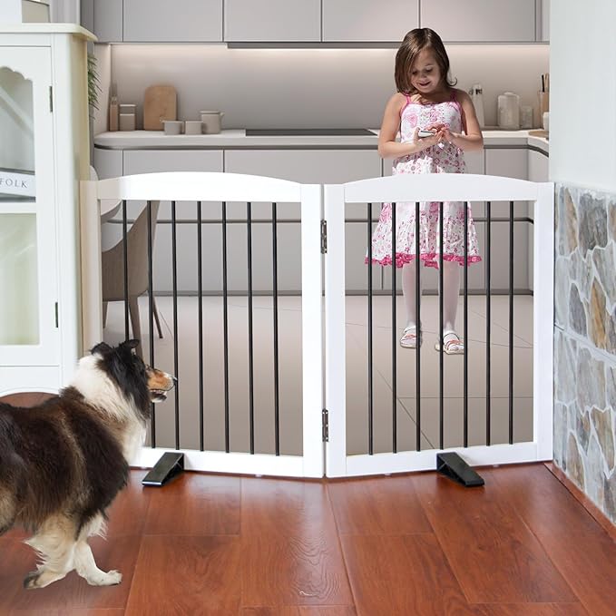 ZJSF Freestanding Foldable Indoor Dog Fence for Stairs Wood White Long Pet Gates for Dogs, Dog Gates for Hallways,Puppy Gates for House Support Feet Included 24 "Height-2 Panels