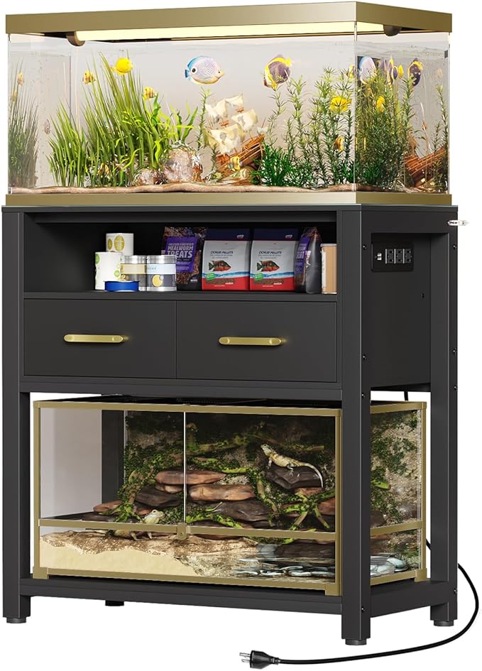 20-29 Gallon Aquarium Stand with Power Outlet & 2 Storage Drawers, Heavy Duty Metal Frame Fish Tank Stand with Waterproof Mat, 30.7" L*15.7" W Tabletop, 550LBS Capacity, Black