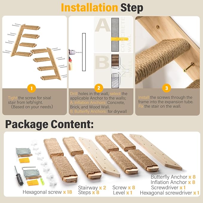 2 Pack 4 Steps Cat Wall Shelves Cat Stairs for Wall with Sisal Rope.Cat Wall Steps/Ladder Furniture ＆ cat Tree Supplies(Catstairs 2Pack-4Steps)