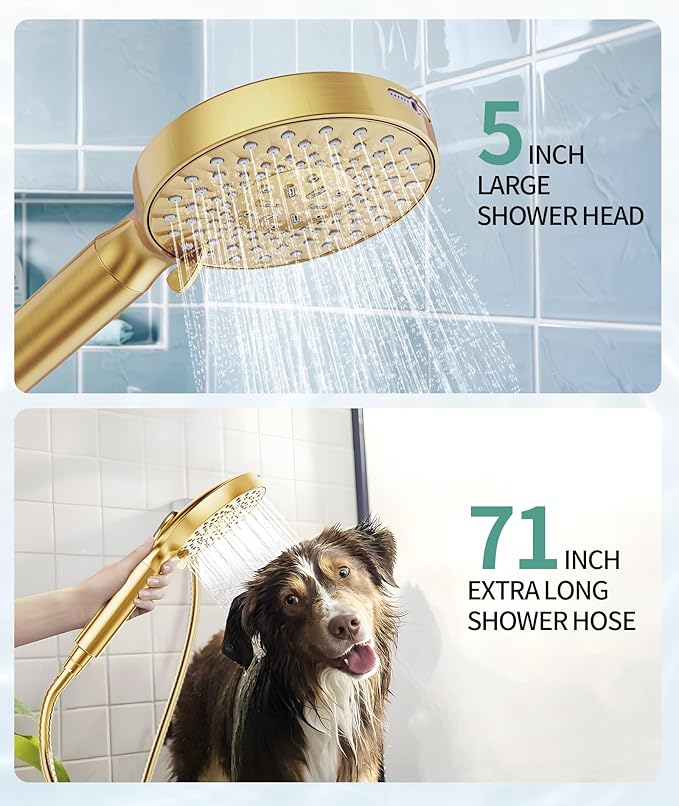 Filtered Shower Head with Handheld, High Pressure 9 Spray Mode Brushed Gold Showerhead with 4 Filters, Detachable Shower Head, Water Softener Filters Beads for Hard Water - Remove Chlorine