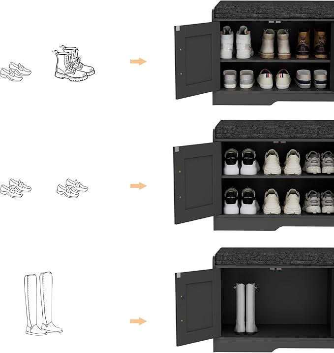 2-Tier Storage Bench, Shoe Bench with Thickened Padded Seat Cushion, Entryway Bench with 4 Doors, Adjustable Shelf, 13.8" D x 45.3" W x 18.5" H, for Entryway, Living Room, Bedroom, Black