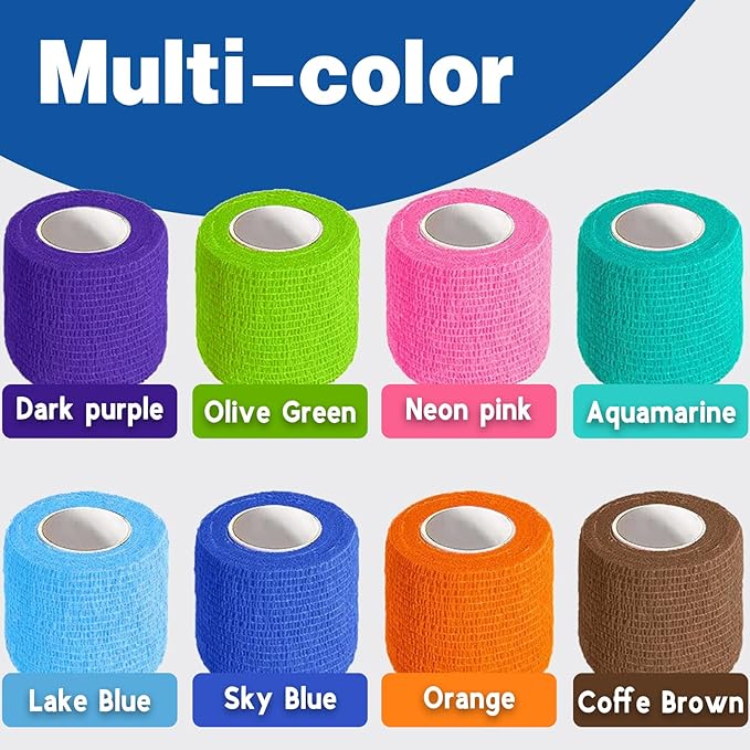 AZEN 8 Pack Self Adhesive Bandage Wrap, 2" X 5 Yards Elastic Cohesive Bandage Wrap, Color Athletic Tape, Vet Wrap, Ankle Tape, Tattoo Grip Tape Wrap