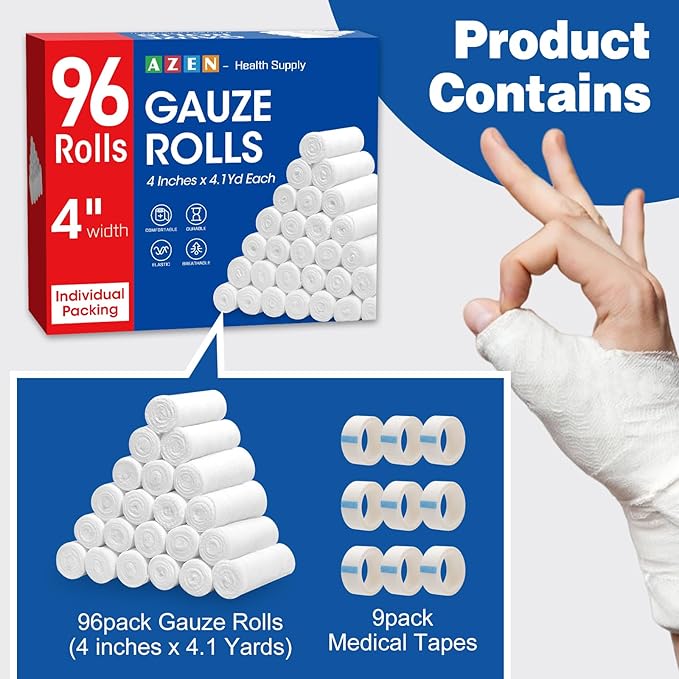 AZEN 96 Pack Gauze Rolls Bandages, 4 in x 4.1 Yards, Premium Medical Supplies & First Aid Supplies, Bandage Wrap Vet Wrap, Mummy Wraps
