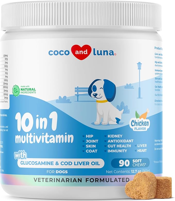 10 in 1 Multivitamin for Dogs - Glucosamine Chondroitin for Joint Support + Digestive Enzymes & Probiotics - Cod Liver Oil & Vitamins with Coq10 for Skin & Heart Health, Gut & Immune Support
