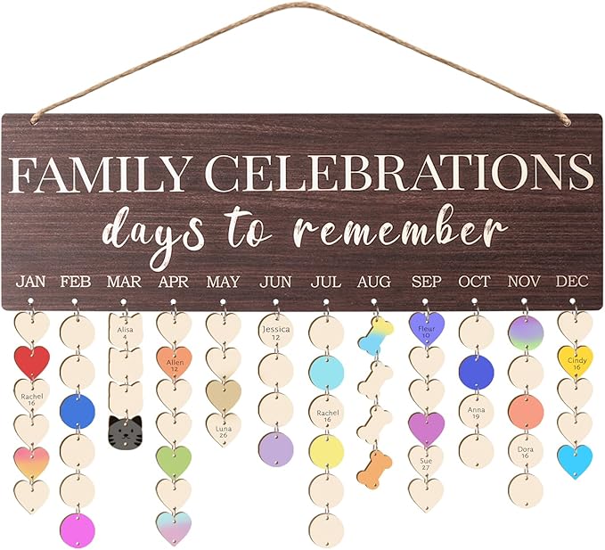 Family Birthday Calendar Board Wall Hanging with Tags, Family Birthday Plaque with Tag Wooden Memory Days Reminder Wall Hanging Home Décor Wood Anniversary Tracker with 104 Tags, Valentines Day Christmas Gifts for Lovers Friends (FAMILY CELEBRATIONS)