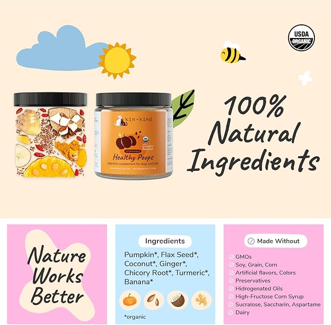 kin+kind Organic Fiber for Dogs&Cats - Pumpkin Boost for Healthy Poops - Digestive Health - Flax Seed, Ginger, Turmeric and Coconut - Made in USA - Bundle (3 x 8 oz)