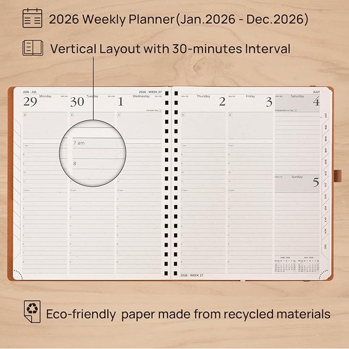 POPRUN 2026 Planner - 2026 Recycled Weekly Planner [Italian Regenrated Leather - Medium Size 8.5'' x 10.5''] - 2026 Weekly Planner with Hourly Schedule, Monthly Tabs-26-WERK7-BGY - Black Grey