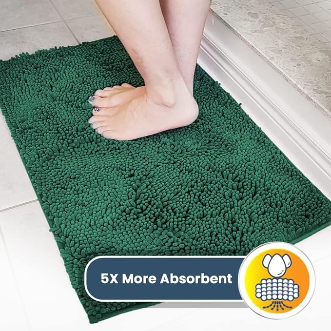 Muddy Mat® AS-SEEN-ON-TV Highly Absorbent Microfiber Dog Door Mat and Pet Rug, Non Slip Thick Washable Area and Bath Mat Soft Chenille for Kitchen Bathroom Bedroom and Indoor- Dark Green Large 35"X24"